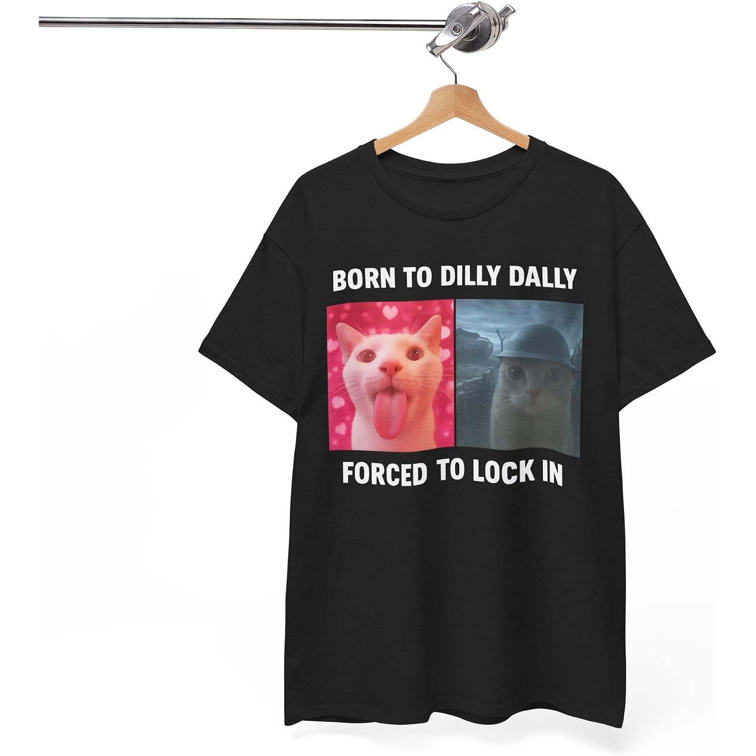 Born To Dilly Dally Forced To Lock In Shirt, Funny Cursed Cat Meme T-Shirt, Gen Z Ironic Humor Tee, Unhinged Viral Y2K Shirt