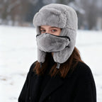 Winter Fur Hat with Removable Face Mask Fuzzy Russian Ushaka Furry Trapper Hat with Ear Flaps for Women Men Skiing Hiking