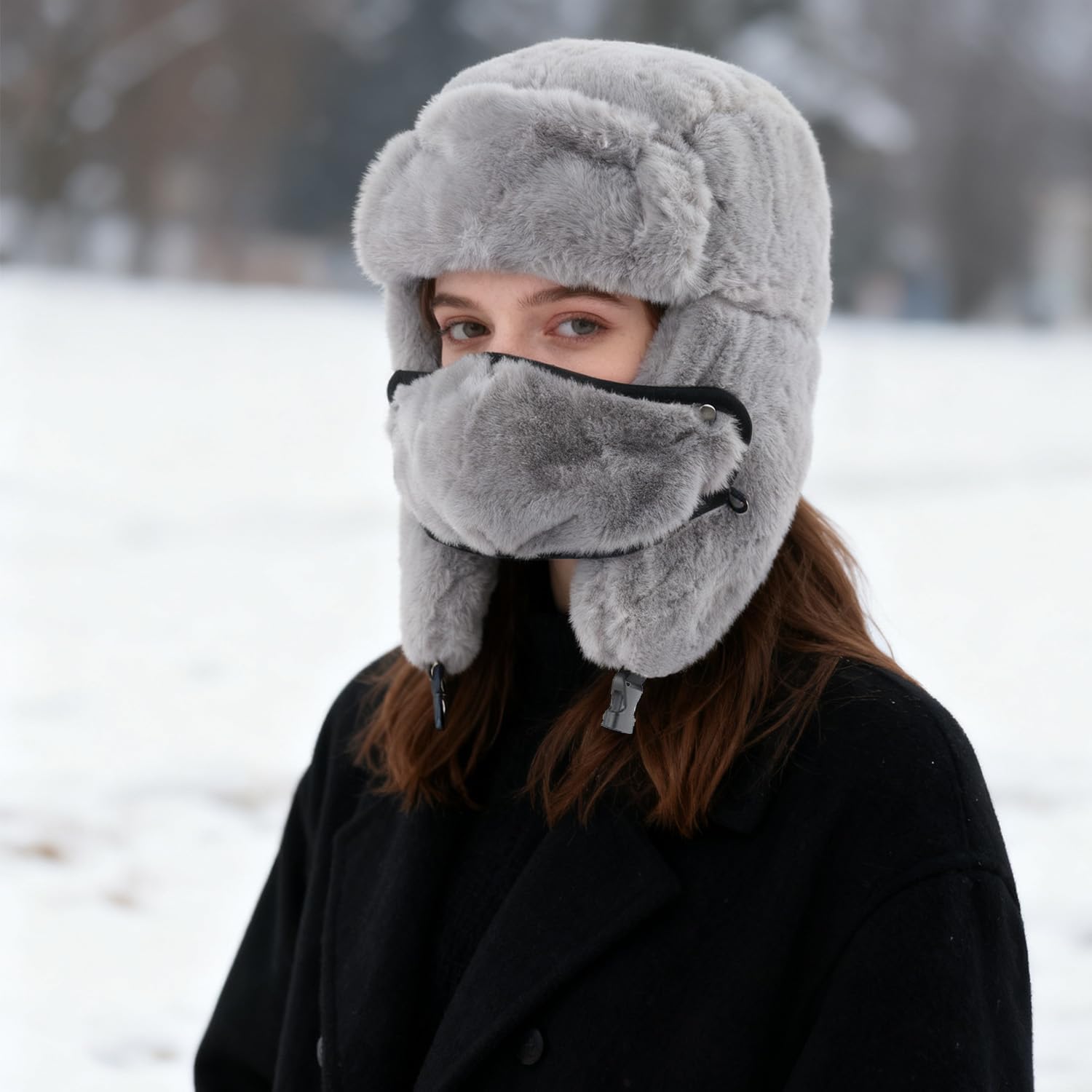 Winter Fur Hat with Removable Face Mask Fuzzy Russian Ushaka Furry Trapper Hat with Ear Flaps for Women Men Skiing Hiking