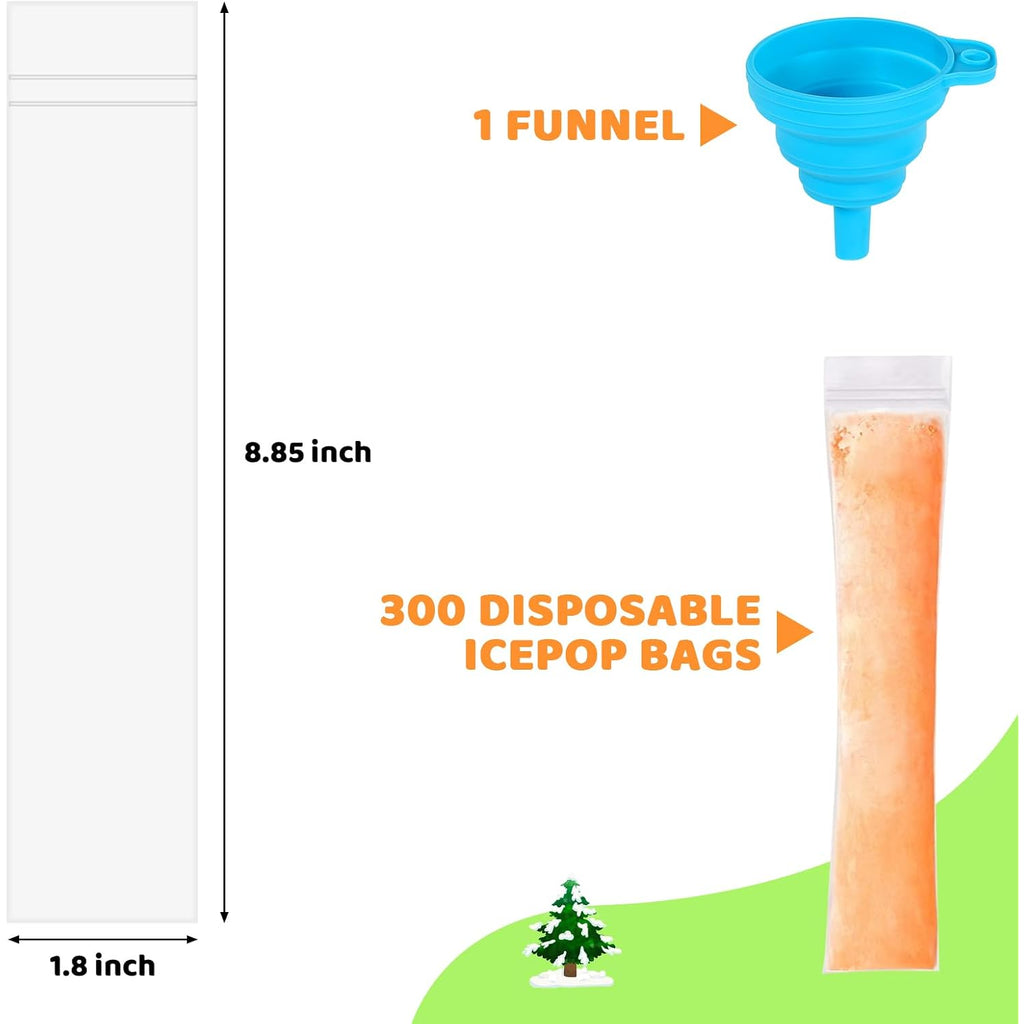 300 Disposable Ice Popsicle Mold Bags Comes With A Funnel, Bpa Free Freezer Tubes, Healthy Snack Yogurt Stick Juice Fruit Smoothies Ice Freezing