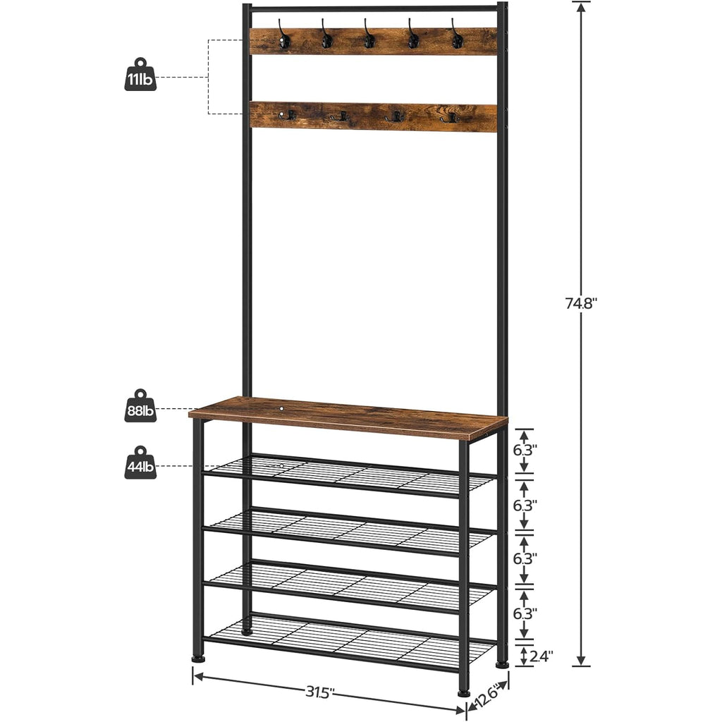 HOOBRO Hall Tree, Coat Rack with Shoe Rack, Hall Tree with Bench, 5 Tier Shoe Storage Organizer with 9 Hooks for Entryway, Closet, Sturdy, Industrial, Rustic Brown and Black BF80MT01G2