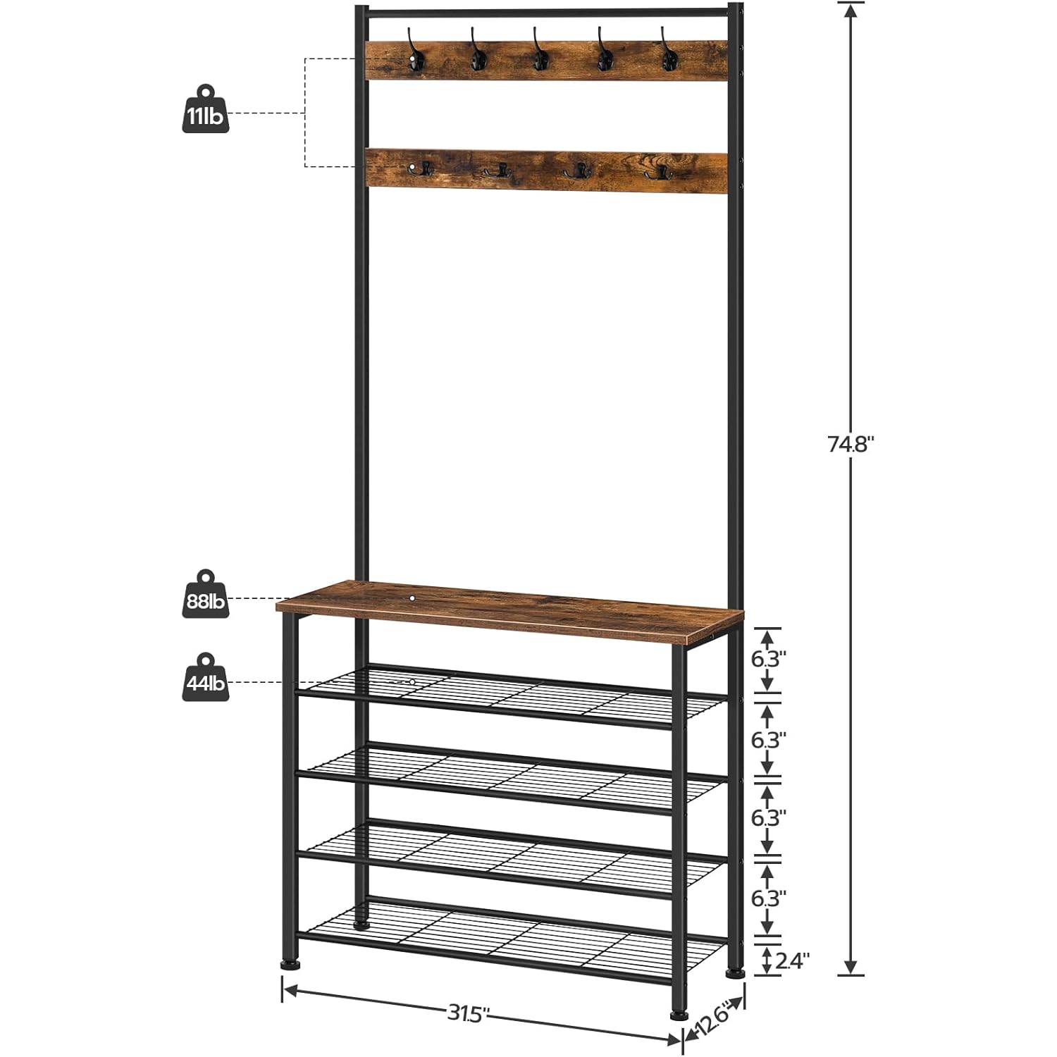 HOOBRO Hall Tree, Coat Rack with Shoe Rack, Hall Tree with Bench, 5 Tier Shoe Storage Organizer with 9 Hooks for Entryway, Closet, Sturdy, Industrial, Rustic Brown and Black BF80MT01G2