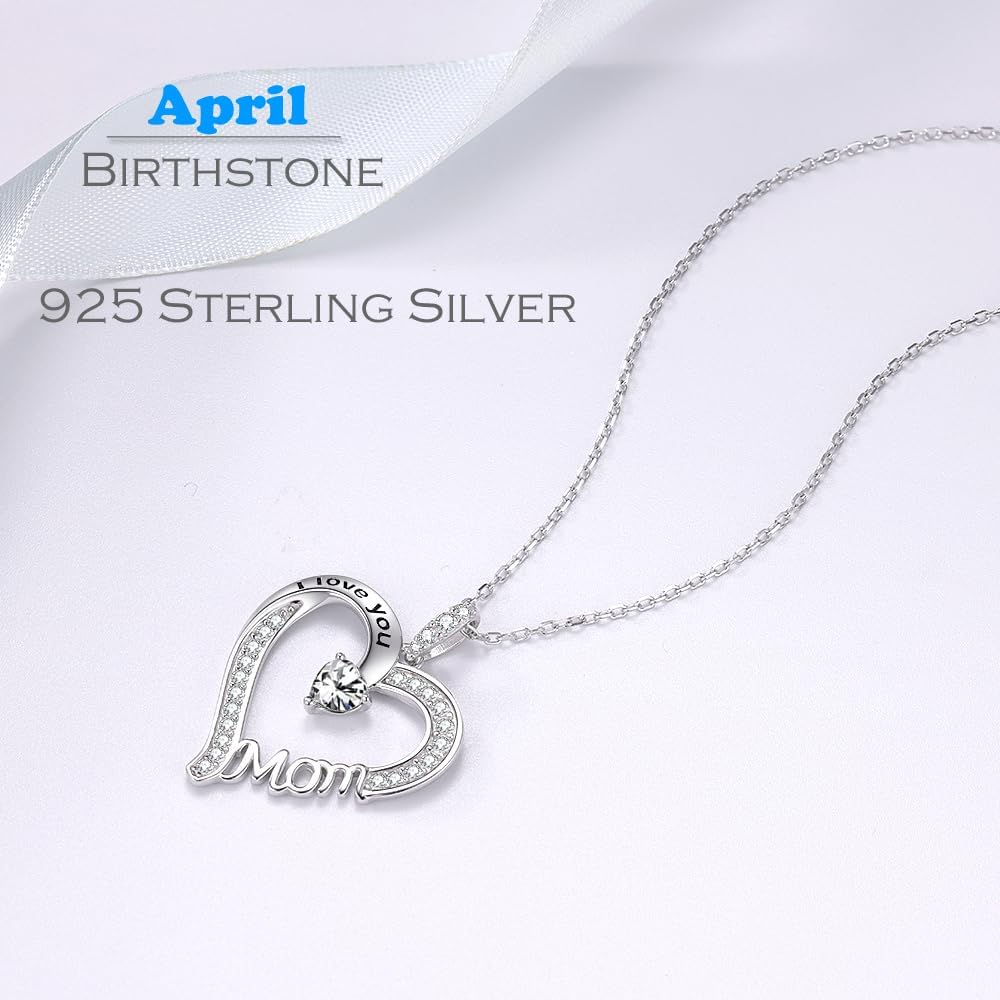 Mothers Day Jewelry Birthday Gifts for Mom I Love You Mom Necklace Wife May Birthstones Emerald Ruby Pearl and More Stones Jewelry for Women 925 Sterling Silver Heart Pendant Necklace
