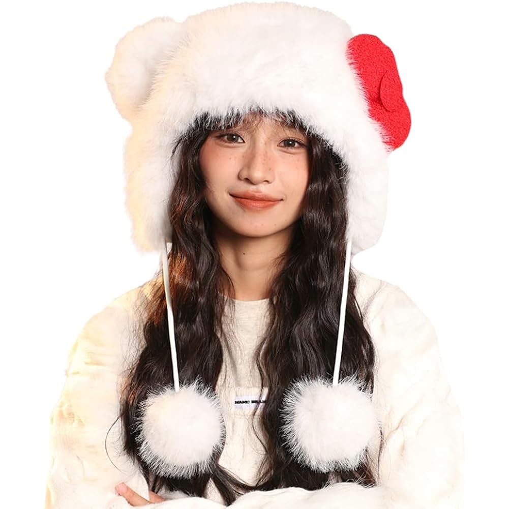 Pocadri Womens Winter Fluffy Faux Fur Trapper Hat Cute Cartoon Ear Beanie Cap Fleece Snow Hat with Earflap Festival Gifts