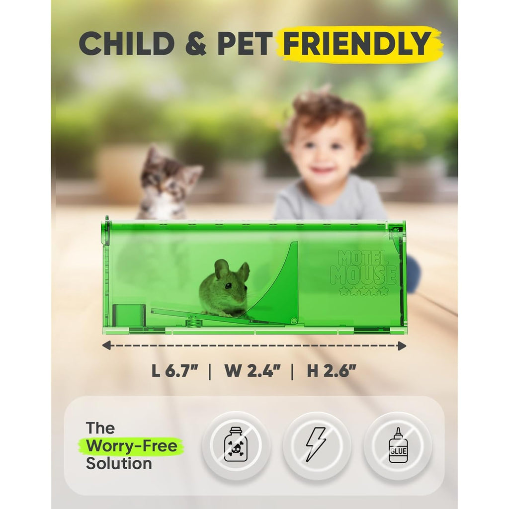 Motel Mouse Humane No Kill Mouse Traps Live Catch & Release - 4 Pack | Water & Food Compartment • Additional Air Holes • Tail Protection • Motel Mouse'S Most Humane Solution • Reusable