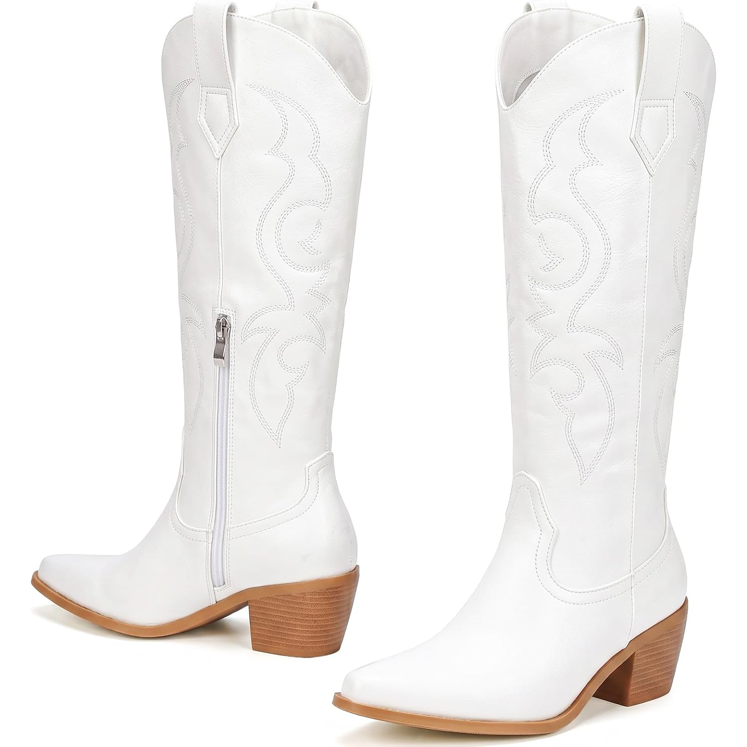 White Cowboy Boots For Women - Wide Calf Rhinestone Cowgirl Boots, Women Knee High Western Boots, Glitter Sparkly Ladies Tall Boots With Classic Embroidery And Side Zipper, Retro Classic Country Boots Pull On For Ladies