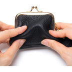 Vintage Kiss Lock Genuine Leather Wallet Mini Coin Purse Portable Jewelry Bag For Women Gift Box (Wine Red)