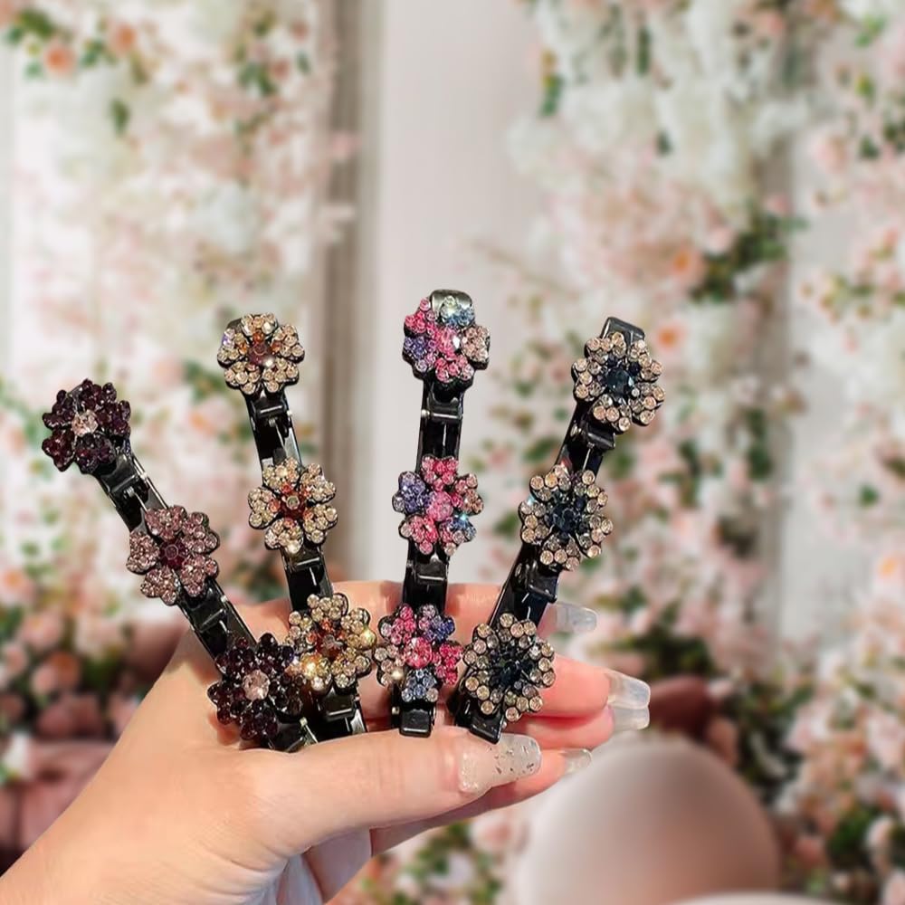 2 Pcs Sparkling Crystal Stone Braided Hair Clips, 2024 New Satin Fabric Hair Bands Rhinestone Four-Leaf Clover Hair Clip,Duck Bill Clips For Women Girls (4 Pcs)