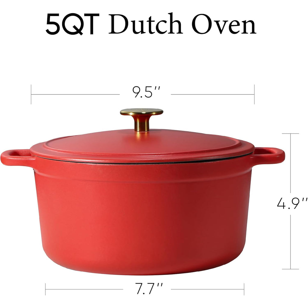 CAROTE 5QT Enameled Cast Iron Dutch Oven Pot with Lid, Heavy-Duty Dutch Oven for Sourdough Bread Baking, Braising, Stews, Roasting, Healthy & Non-Toxic, Dual Handles, All Stovetop Compatible, Oven Safe up to 500° F, Red