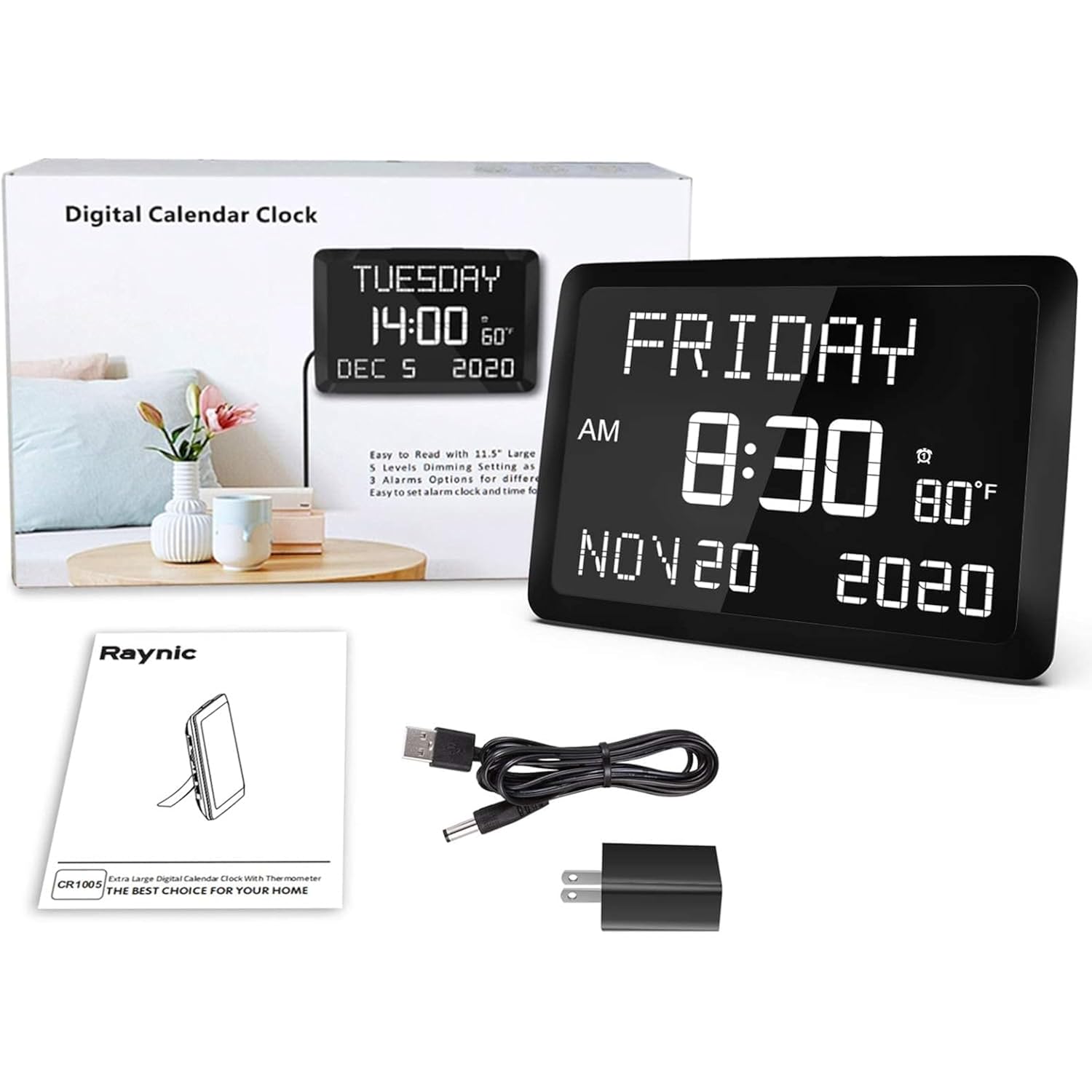 Digital Clock, 11.5" Large Display Calendar Clock With Day And Date, Indoor Temperature, Adjustable Brightness, Snooze,12/24H, Dst For Home, Office, Elderly