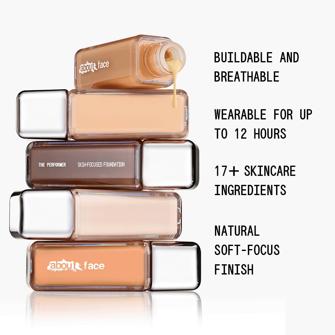 about-face THE PERFORMER Skin-Focused Foundation F2Olive – Medium Coverage, Long-Wear, Breathable & Buildable Base – Clean, Vegan, Hydrating Formula with Blue Agave & Chlorella – 1.08oz