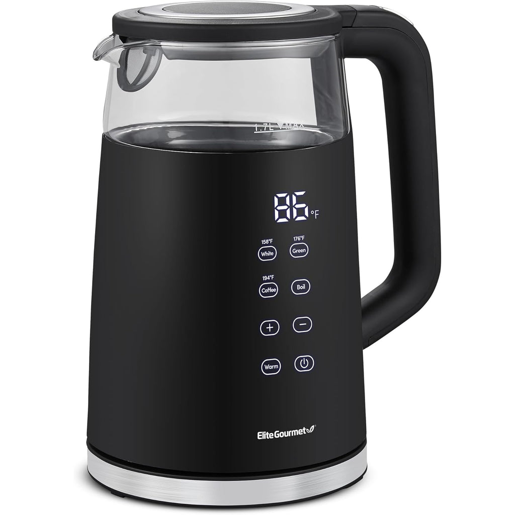 Elite Gourmet 1.7L Dual Wall Cool Touch Electric Tea Kettle, Borosilicate Glass, 304 Stainless Steel Interior, Programmed Digital Touchscreen, Keep Warm, Auto Off & Audible Indicator, Black