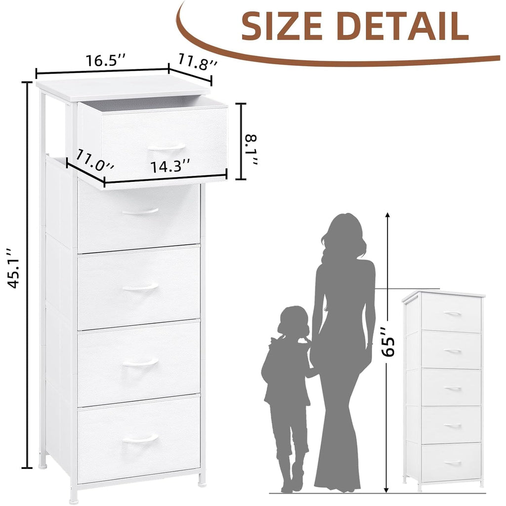 Somdot Tall Dresser For Bedroom With 5 Drawers, Storage Organizer Chest Of Drawers With Removable Fabric Bins For Closet Bedside Living Room Laundry Entryway Hallway, White Leather