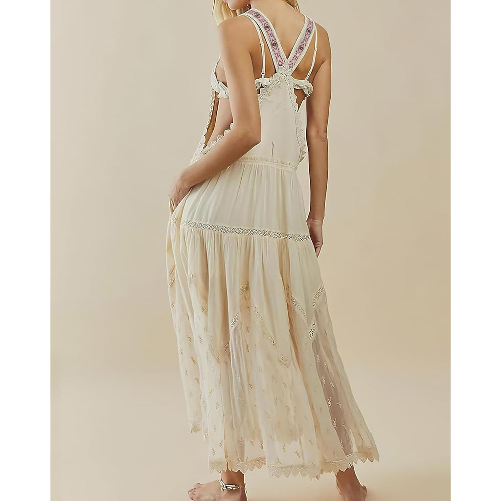 Ebossy Women'S Laced Embroidered Tulle Bib Dress Casual Loose Adjustable Straps Maxi Dress