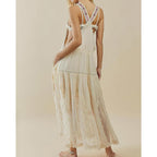 Ebossy Women'S Laced Embroidered Tulle Bib Dress Casual Loose Adjustable Straps Maxi Dress