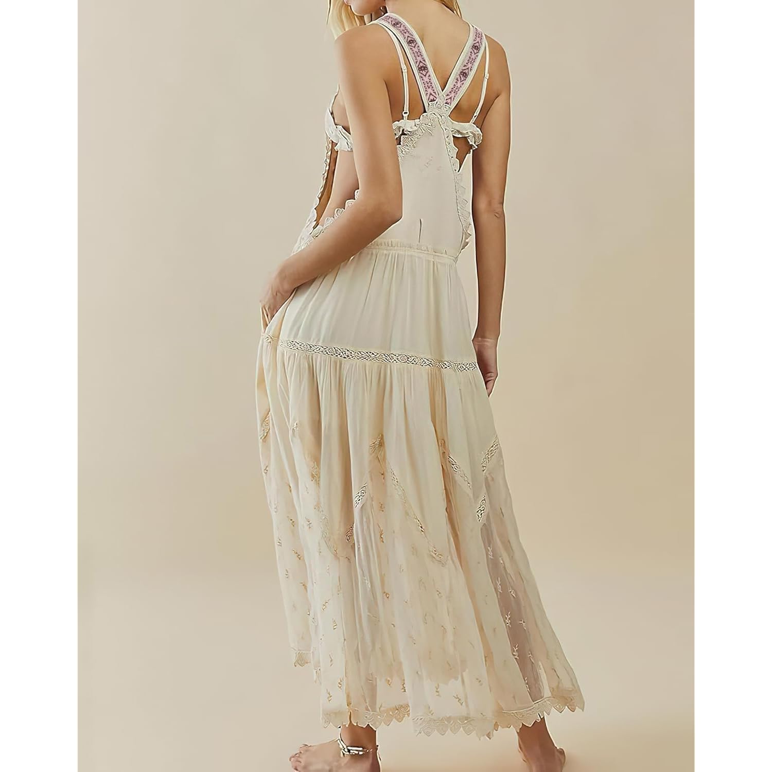 Ebossy Women'S Laced Embroidered Tulle Bib Dress Casual Loose Adjustable Straps Maxi Dress