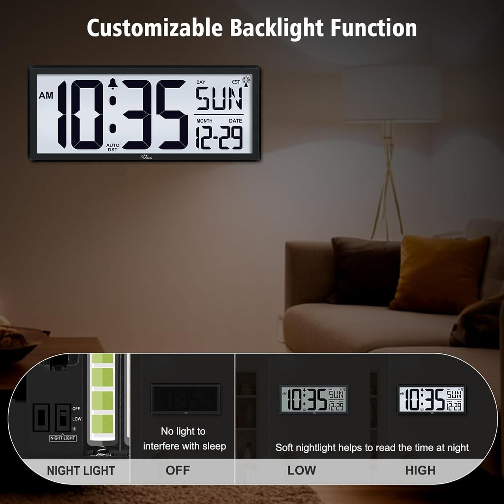 14.5'' Atomic Clock With Backlight, Large Digital Wall Clock Battery Operated, Large Display With Temperature And Date, Easy To Read And Set Digital Wall Clock, Auto Dst
