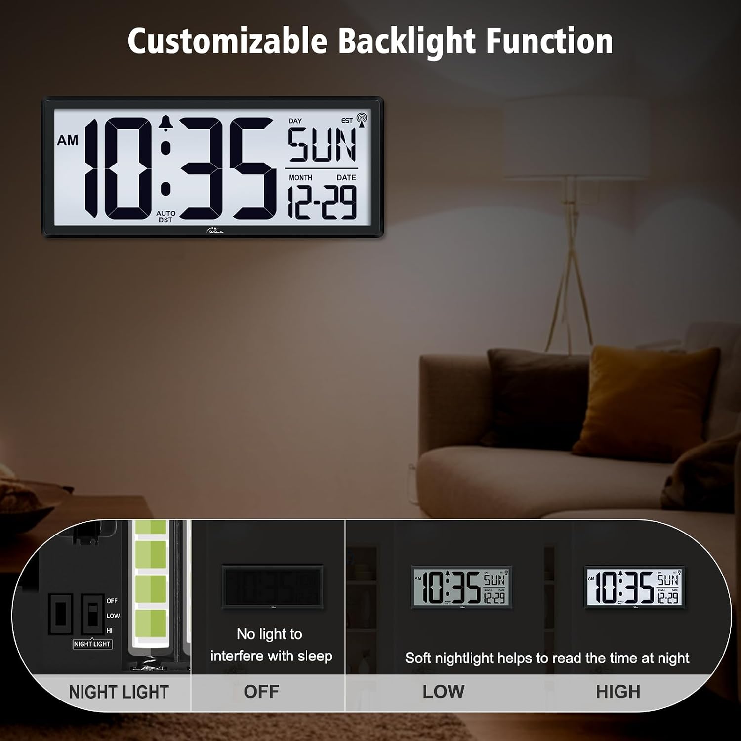 14.5'' Atomic Clock With Backlight, Large Digital Wall Clock Battery Operated, Large Display With Temperature And Date, Easy To Read And Set Digital Wall Clock, Auto Dst
