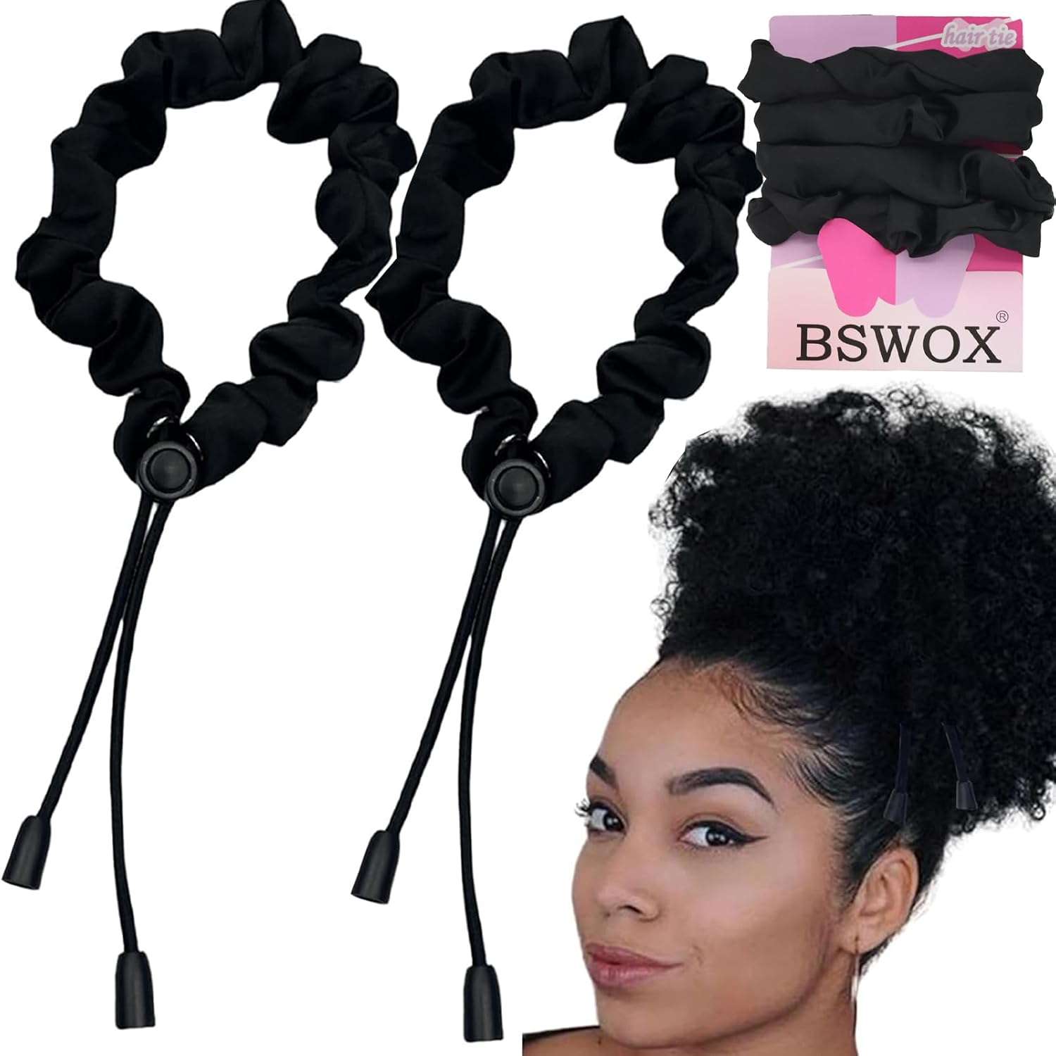 2 Pcs Adjust Satin Hair Tie, Satin Scrunchies For Women Girls, Adjustable Hair Ties For 4C Girlie Thick Curly Natural Hair, No Damage Hair Accessories For Afro Puff Loc Ponytails (Black)