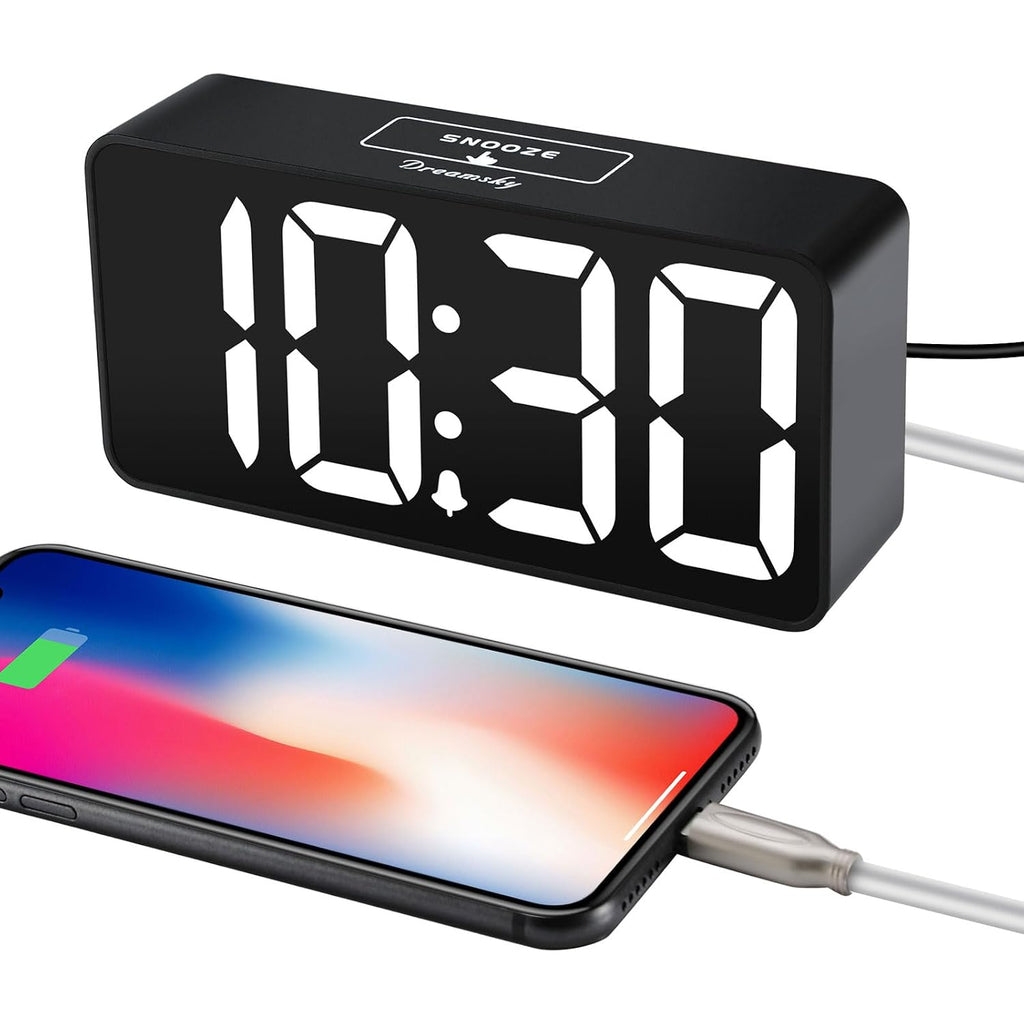 Dreamsky Small Digital Alarm Clock For Bederoom, Large Big Numbers Display With Dimmer For Living Room, Electric Bedside Desk Clock With Usb Charging Port, Adjustable Volume, Usb-C Adapter Powered
