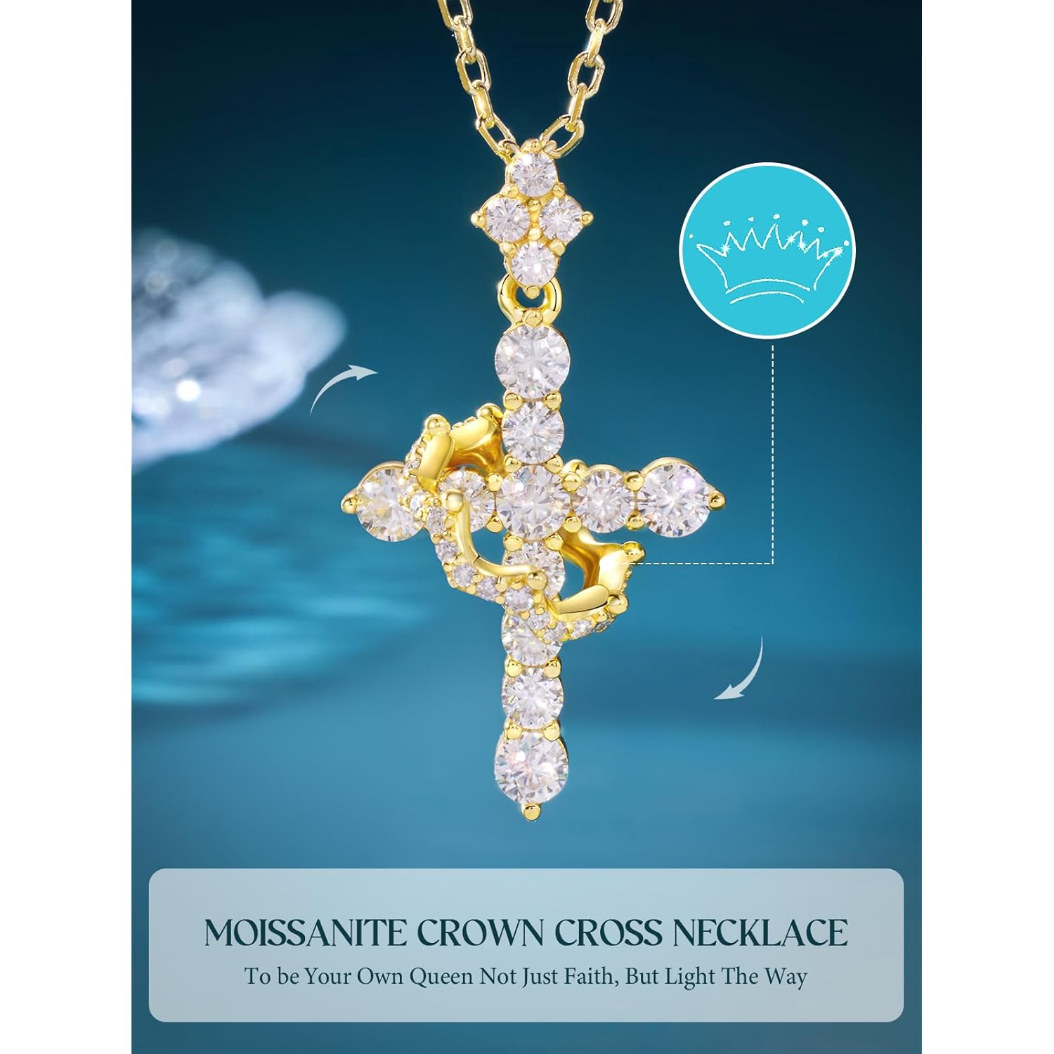 YIMERAIRE Upgraded Moissanite Crown Cross Necklace 14K Gold Vermeil 1.1 Carats Dainty Iced Out Easter Basket Stuffer Cross Jewelry S925 Sterling Silver Simple Gold Christian Faith Moissanite Cross Pendant Necklace For Women