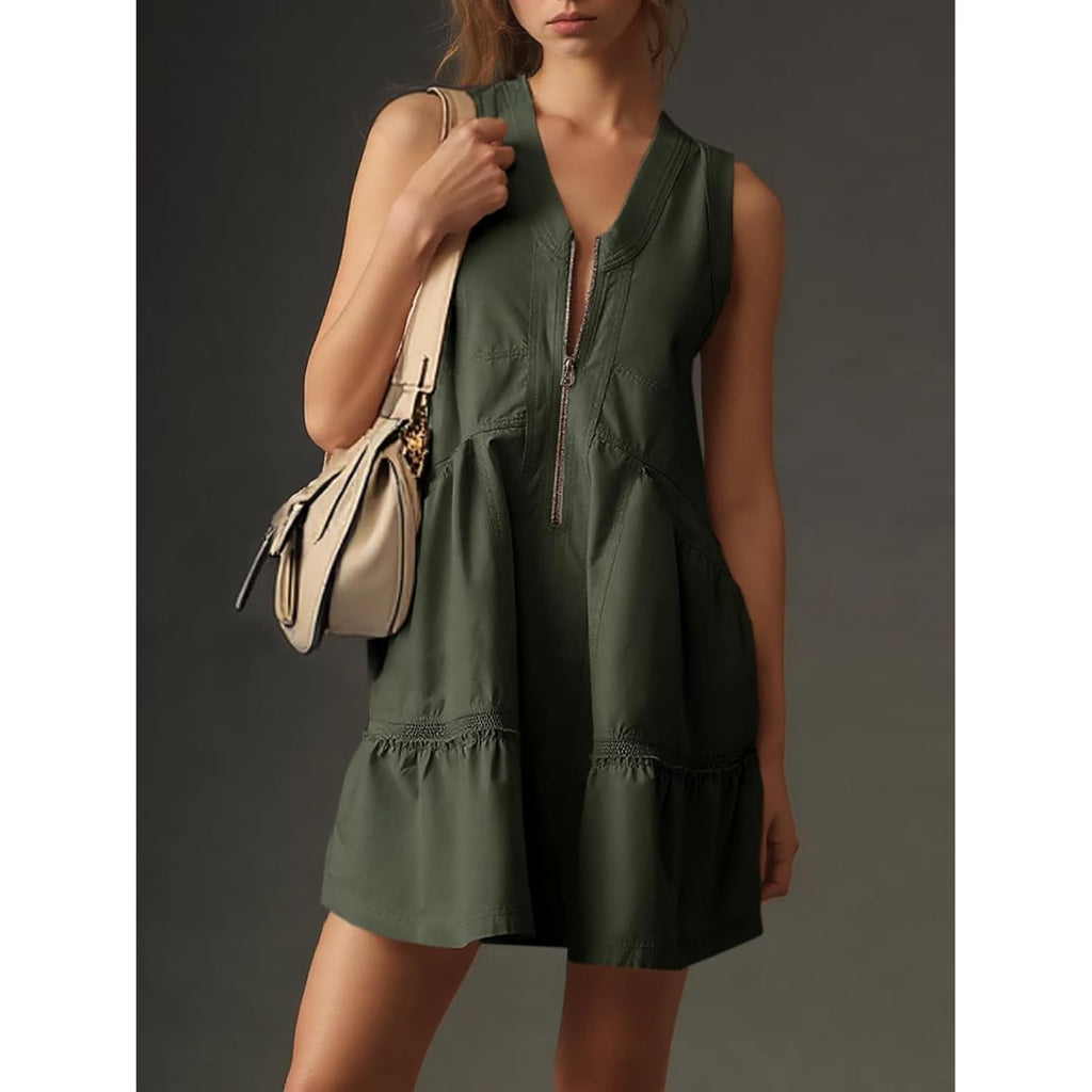 Fisoew Women'S Sleeveless Tank Half Zip V Neck Mesh Back Mini Dresses | Casual, Loose Fit, Utility, Summer, With Pockets