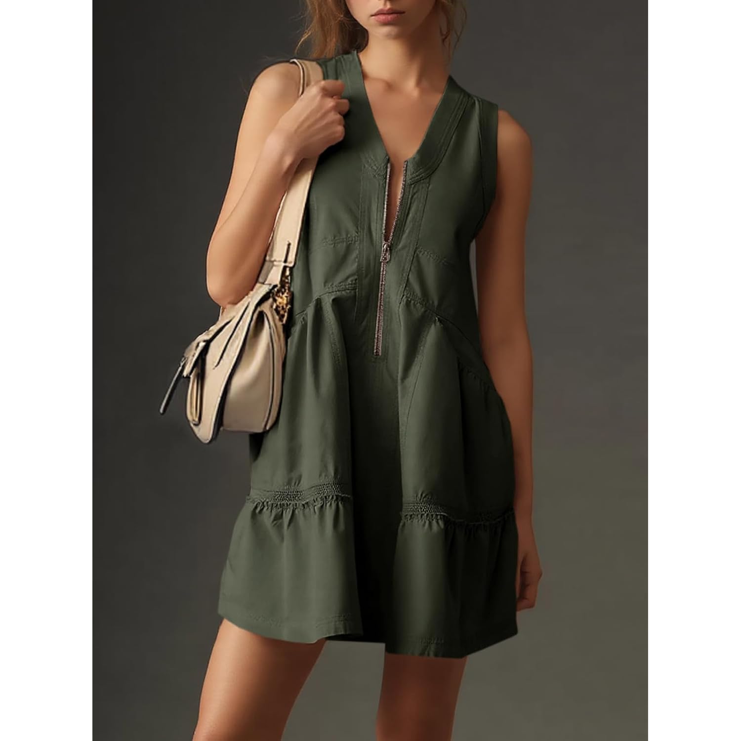 Fisoew Women'S Sleeveless Tank Half Zip V Neck Mesh Back Mini Dresses | Casual, Loose Fit, Utility, Summer, With Pockets