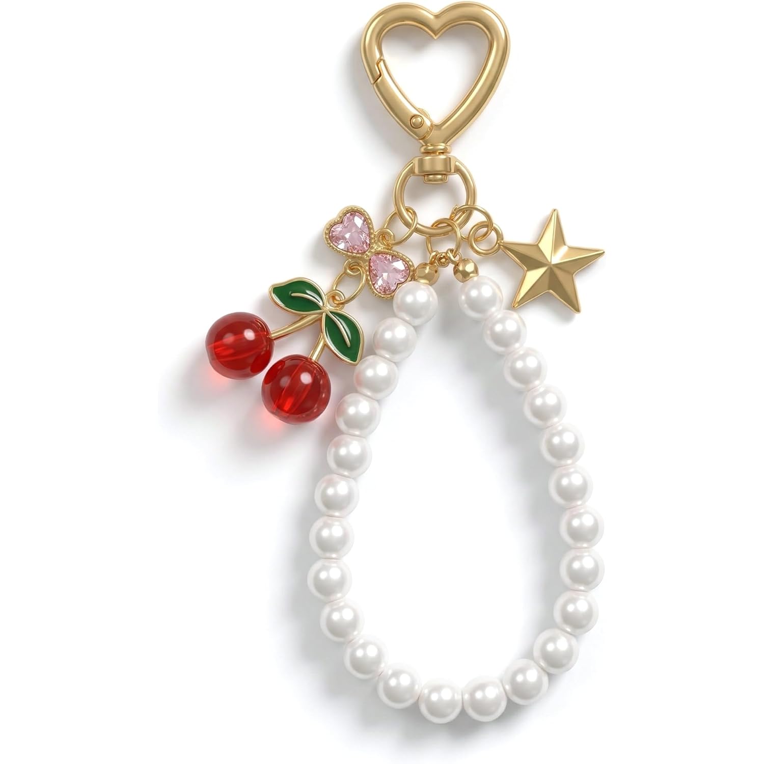 2Pcs Cherry Keychain & Pearl Bow Keychain, Sparkly Bowknot Purse Charm Flower Key Chain for Handbags Backpacks Keys