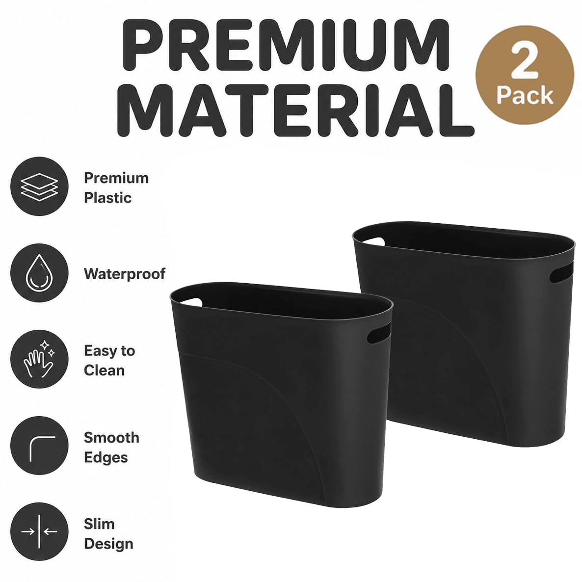 Royfacc Small Trash Can Plastic Bathroom Wastebasket 3.2 Gallon Slim Garbage Container Bin With Handle For Home Kitchen Bathroom Bedroom Office, 2 Pack (Black)