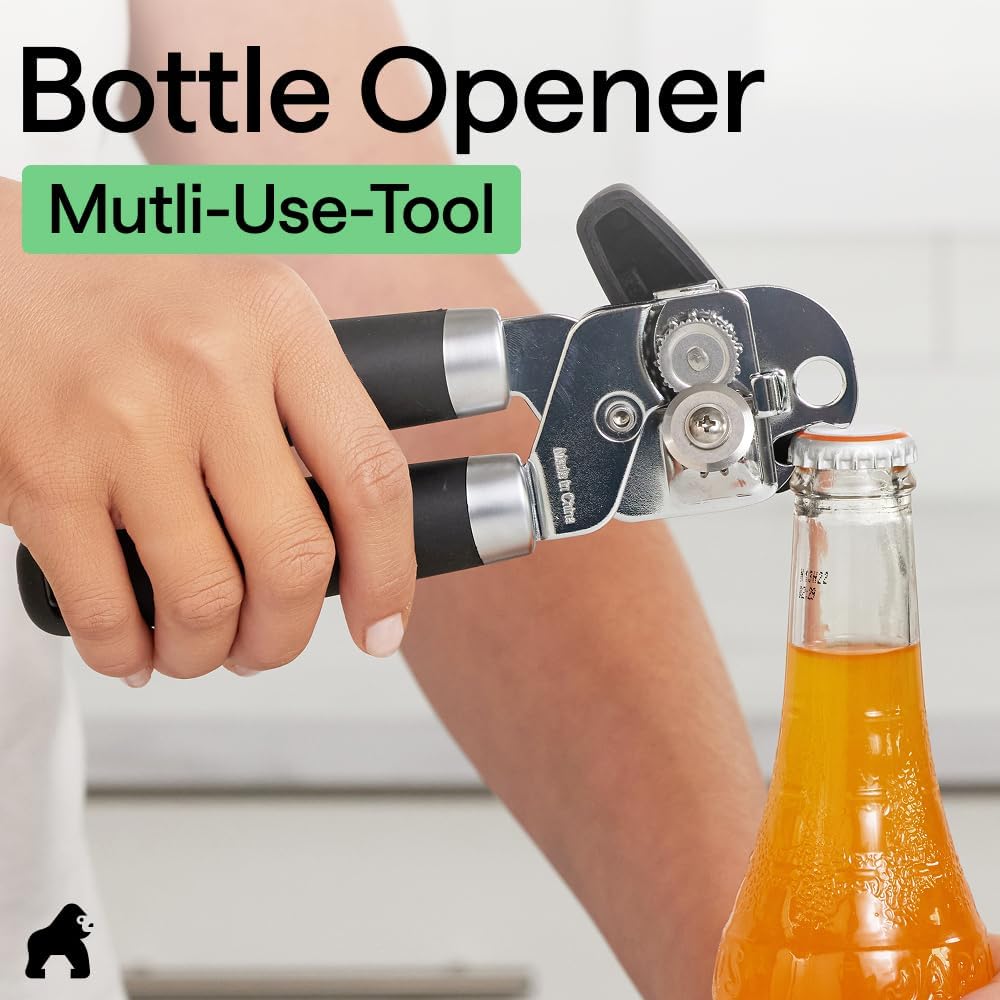 Gorilla Grip Heavy Duty Stainless Steel Smooth Edge Manual Can Opener And Bottle Openers, Us Designed, Comfortable Handle, Oversized Handheld Turn Knob, Multifunctional Kitchen Tool, Onyx