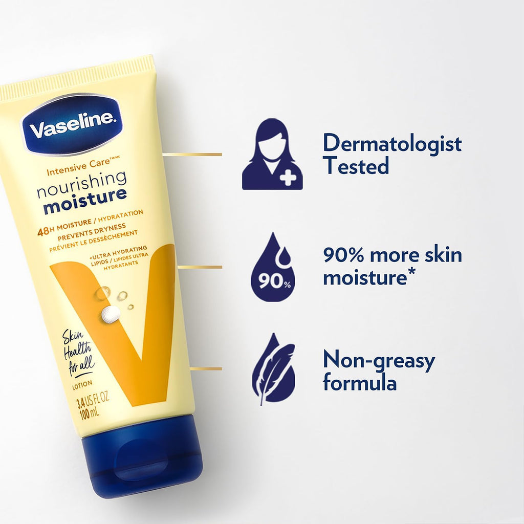 Vaseline Lotion, Intensive Care Nourishing Moisture 2-Pack – Moisturizer with Oat Extract + Ultra-Hydrating Lipids for Healing Extremely Dry Skin, 3.4 Oz Ea