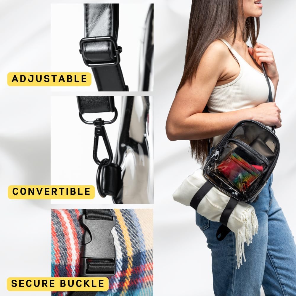 Otw Onthewae Anti-Theft Black Clear Transparent Small Mini Backpack Convertible Straps Crossbody For Raves Stadium Festival Concert (Mini W Strap - Black)