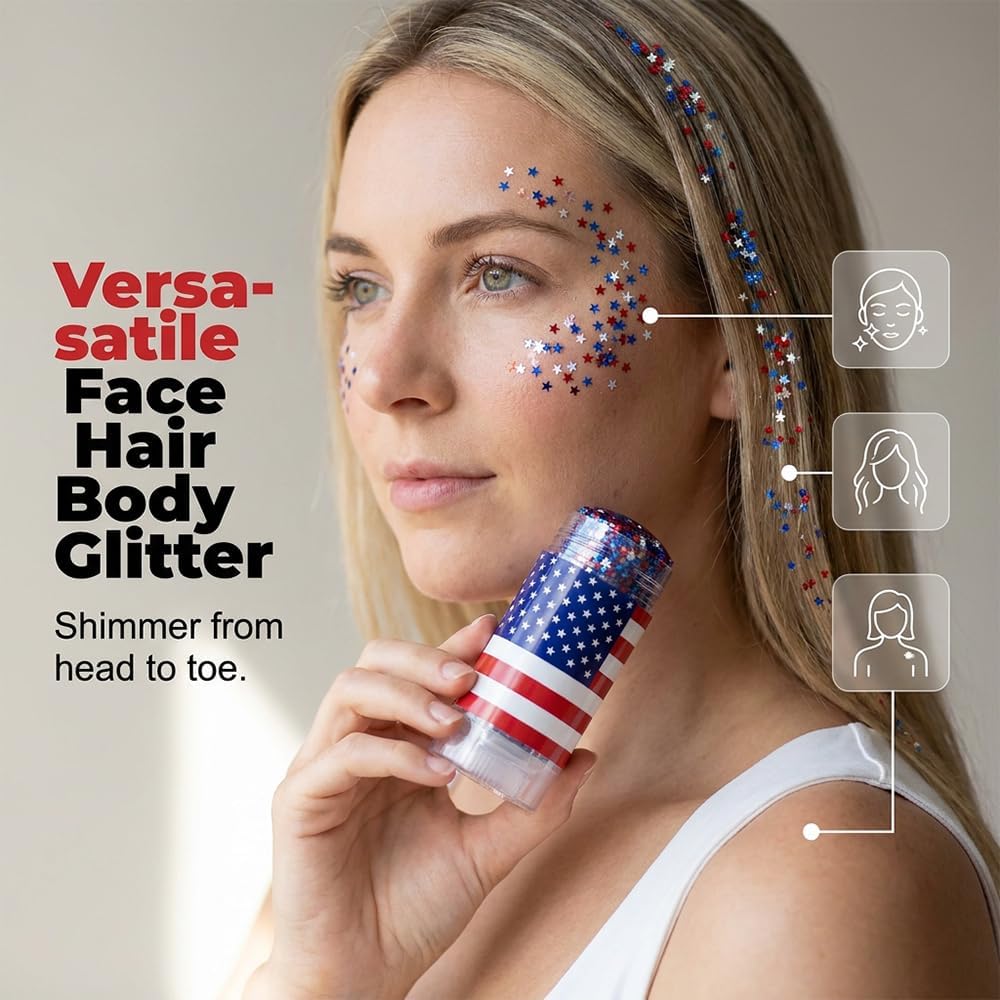 4Th Of July Outfits For Women,Patriotic Red White And Blue Body Glitter Stick,Sparkling Face Hair Glitter,American Flag Makeup For Independence Day Anniversary (2Pc)