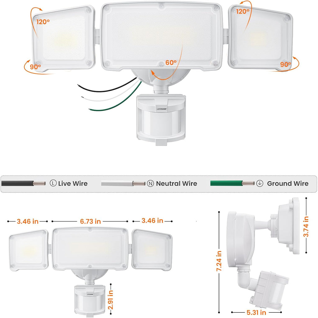 Lepower Led Security Light Motion Sensor Outdoor Lights, Bright 38W 4200Lm | 72 Ft Range, Ip65, Easy To Install, 180° Motion Sensor, 5500K, 3 Head Detected Waterproof Flood Light For Garage, Yard, Porch