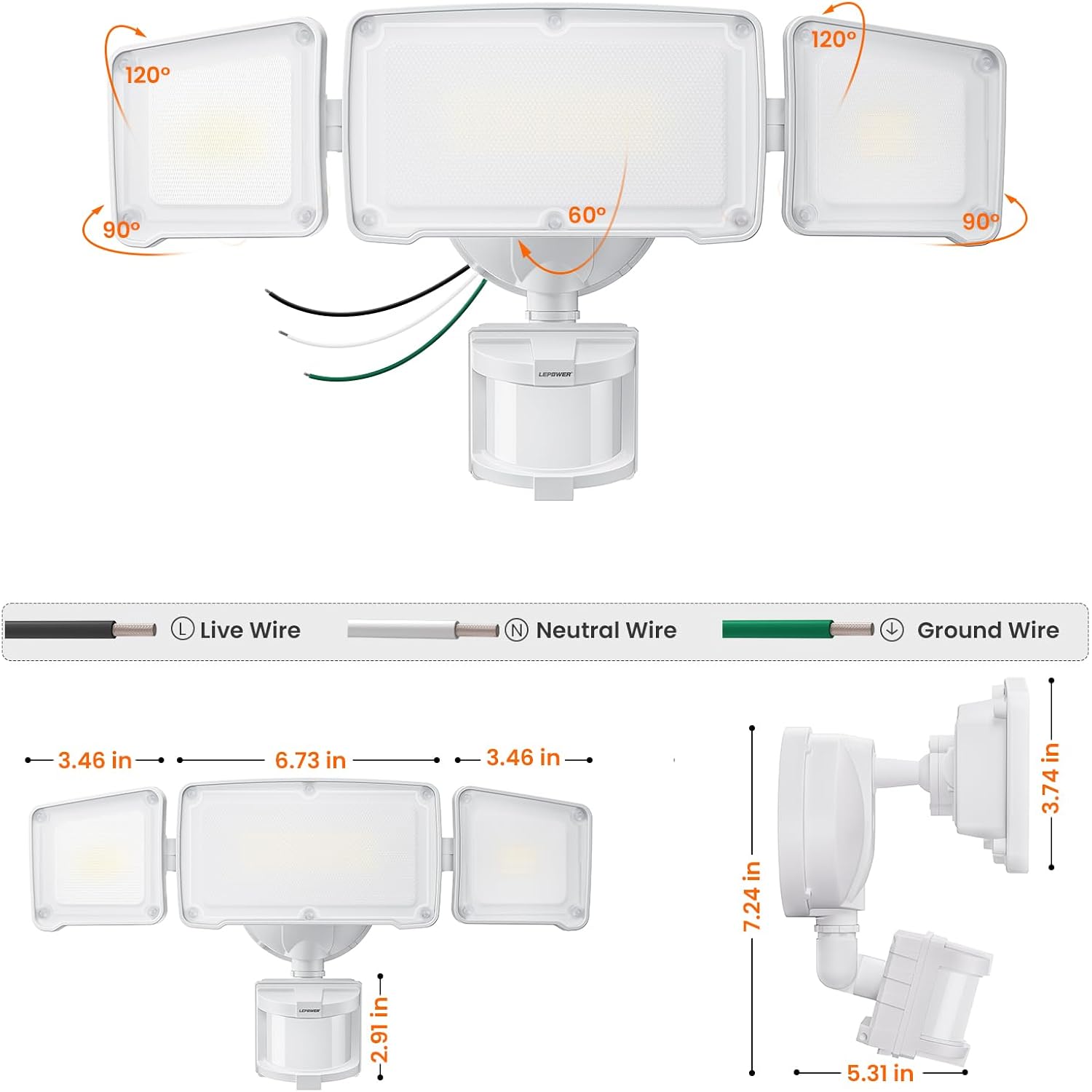 Lepower Led Security Light Motion Sensor Outdoor Lights, Bright 38W 4200Lm | 72 Ft Range, Ip65, Easy To Install, 180° Motion Sensor, 5500K, 3 Head Detected Waterproof Flood Light For Garage, Yard, Porch