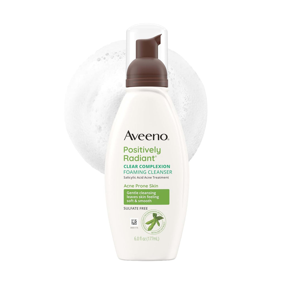 Aveeno Positively Radiant Clear Complexion Foaming Facial Cleanser, Oil-Free With Soy Extract & 0.5% Salicylic Acid, Hypoallergenic Acne Treatment Face Wash For Acne-Prone Skin, 6 Fl Oz