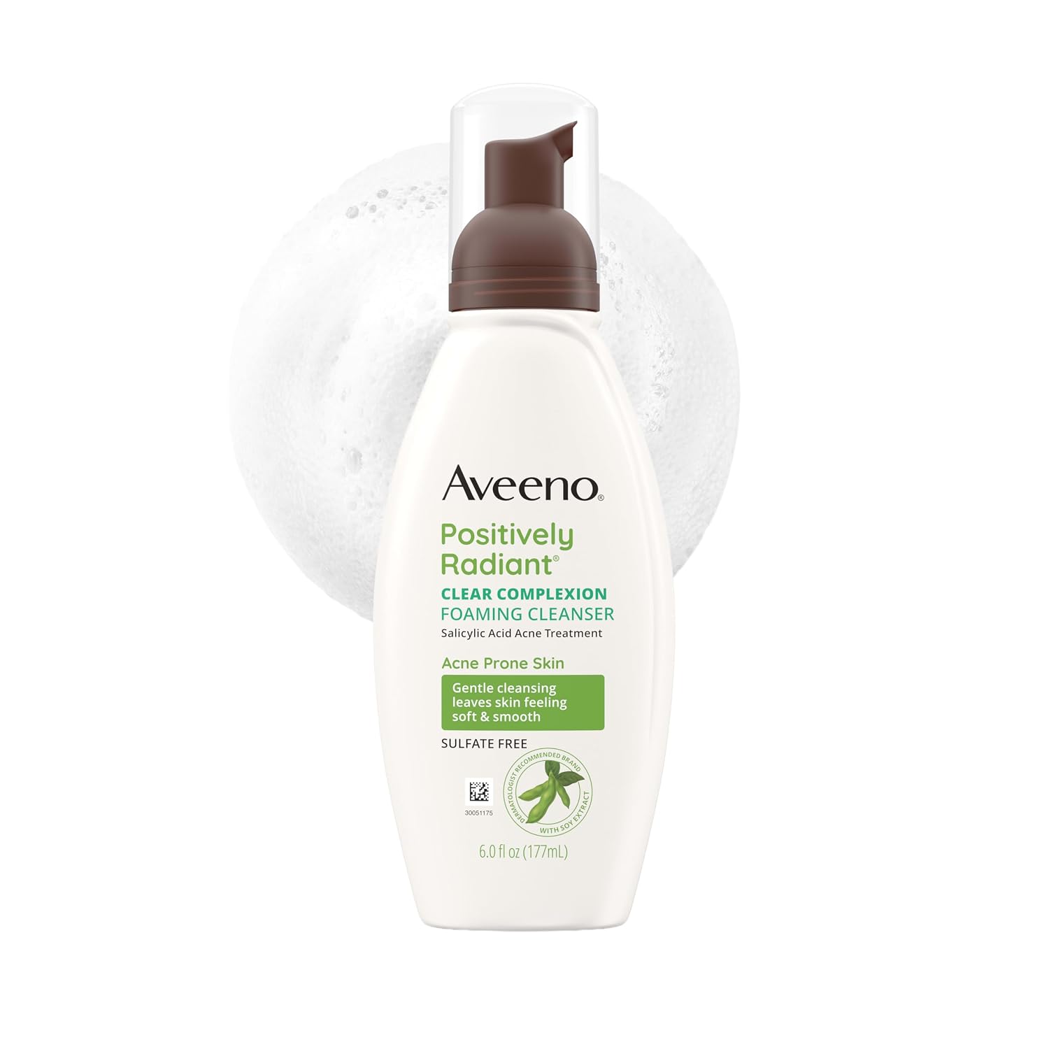 Aveeno Positively Radiant Clear Complexion Foaming Facial Cleanser, Oil-Free With Soy Extract & 0.5% Salicylic Acid, Hypoallergenic Acne Treatment Face Wash For Acne-Prone Skin, 6 Fl Oz