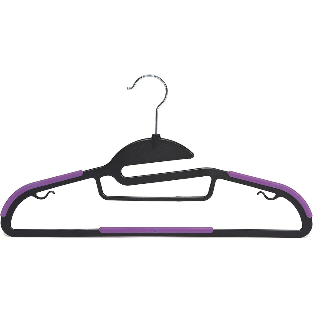 Amazon Basics Space Saving Non-Slip Rubber Coated Plastic Hangers With 360 Degree Swivel Hook, Black/Purple, Pack Of 50
