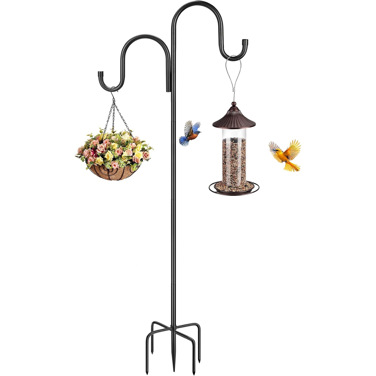 79 Inch Double Shepherds Hooks For Outdoor, Heavy Duty Bird Feeder Pole With 5 Prongs Base For Hanging Lantern, Hummingbird Feeder, Lightweight Plant, Shepherds Hook For Bird Feeders For Outside