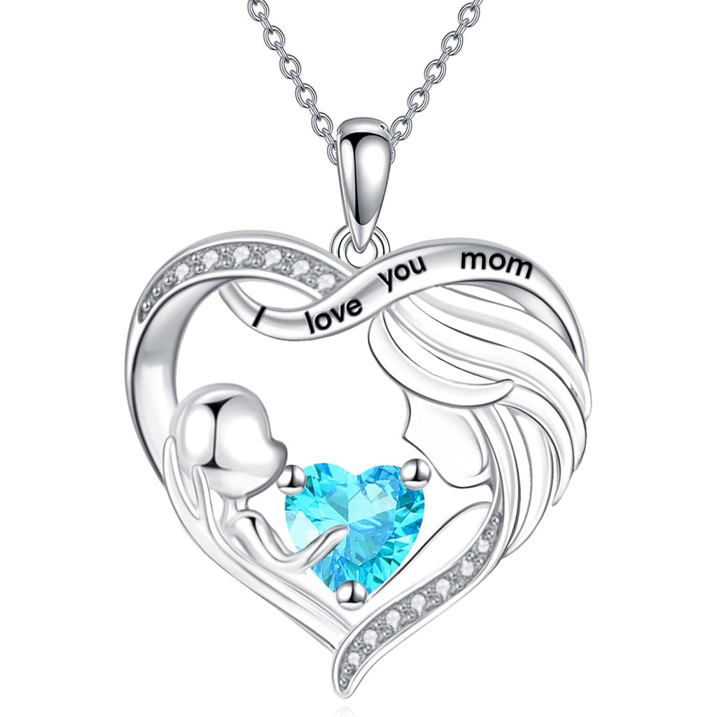 Mothers Day Gifts for Mom Mother and Daughter/Son Necklace Love Heart Jewelry 18K White Gold I Love You Mom Birthstone Necklace Birthday Gift for Women