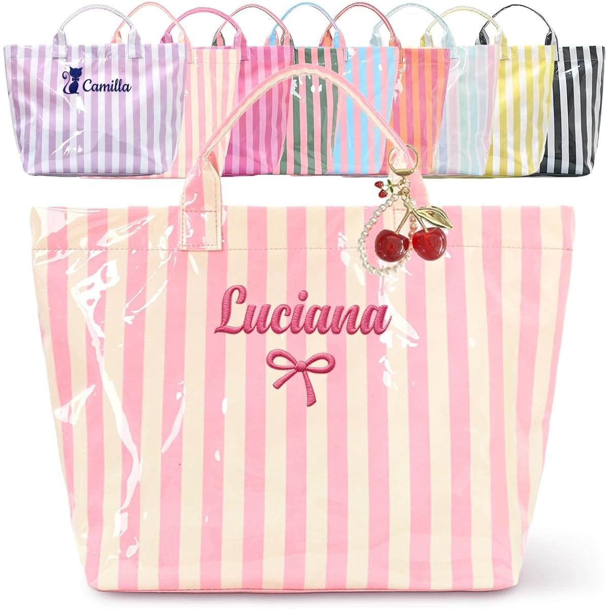 Personalized Jelly Striped Pvc Tote Bag For Women, Custom Waterproof Stylish Plastic Glossy Bag For Beach Pool Large Plaid Letters Print Hobo Handbag For Summer Vacation Travel, Girls Trip Gift
