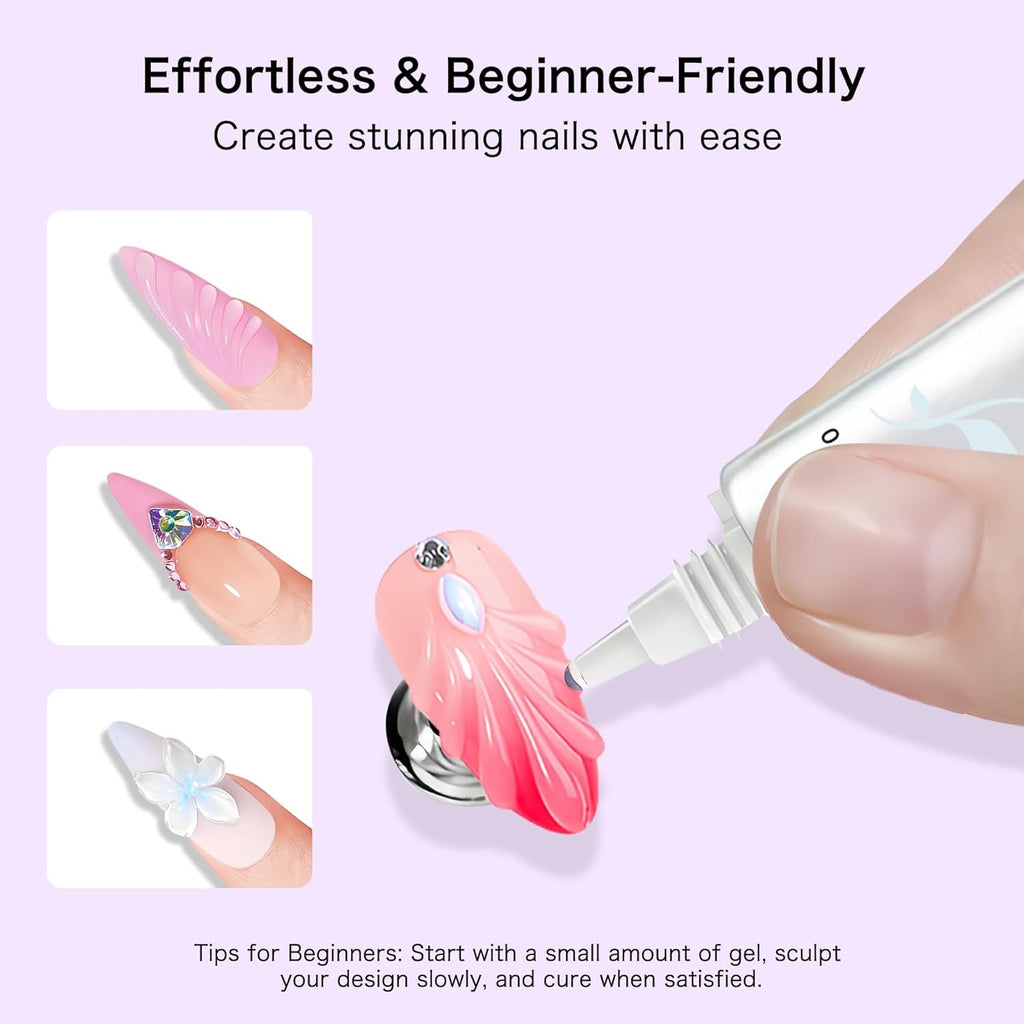 Creaglam 3D Nail Gel Art: 2pcs 16ML Sculpting Gel Nail Glue for Carving Patterns Decoration - Chrome Nail Powder and DIY Nail Charms - 4 in 1 Clear No Wipe Gel Nail Polish Rhinestone Nail Art Glue