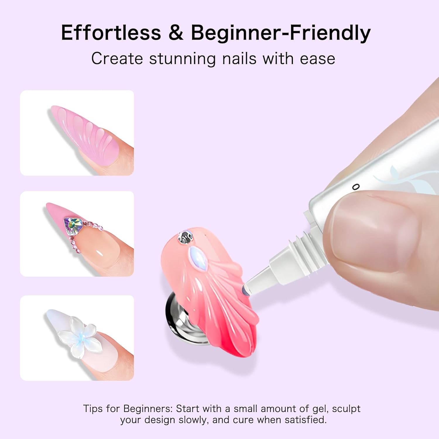 Creaglam 3D Nail Gel Art: 2pcs 16ML Sculpting Gel Nail Glue for Carving Patterns Decoration - Chrome Nail Powder and DIY Nail Charms - 4 in 1 Clear No Wipe Gel Nail Polish Rhinestone Nail Art Glue