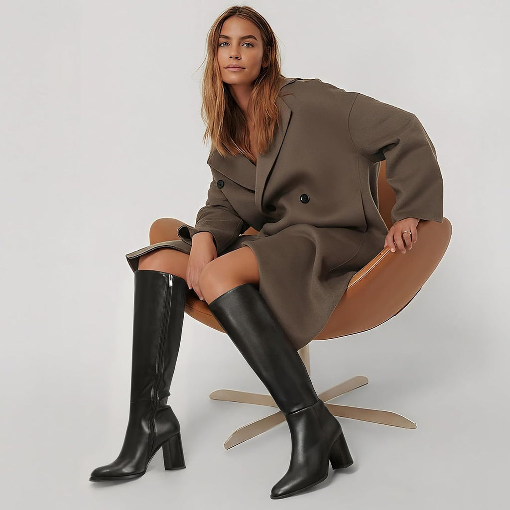 Women Knee High Boots Round Toe Chunky Heel Boots Gogo Boots With Side Zip Fashion Tall Boots For Women