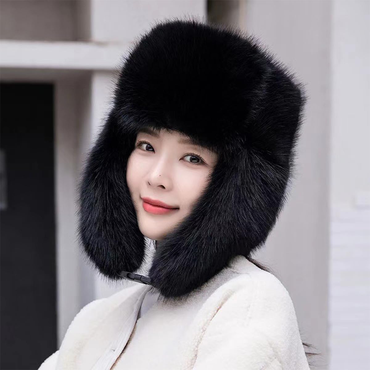 Women's Fluffy Trapper Hat, Long Pile Faux Fur Ushanka hat with Buckle, Luxurious Mink-Style Winter Warm Hat