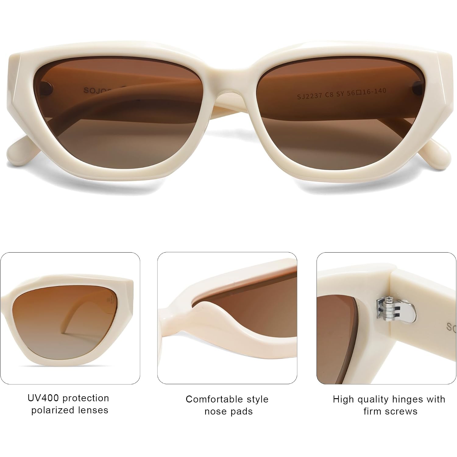 SOJOS Trendy Cute Cat Eye Polarized Sunglasses for Women Fashion Cateye Womens Sunnies SJ2237 Light Beige