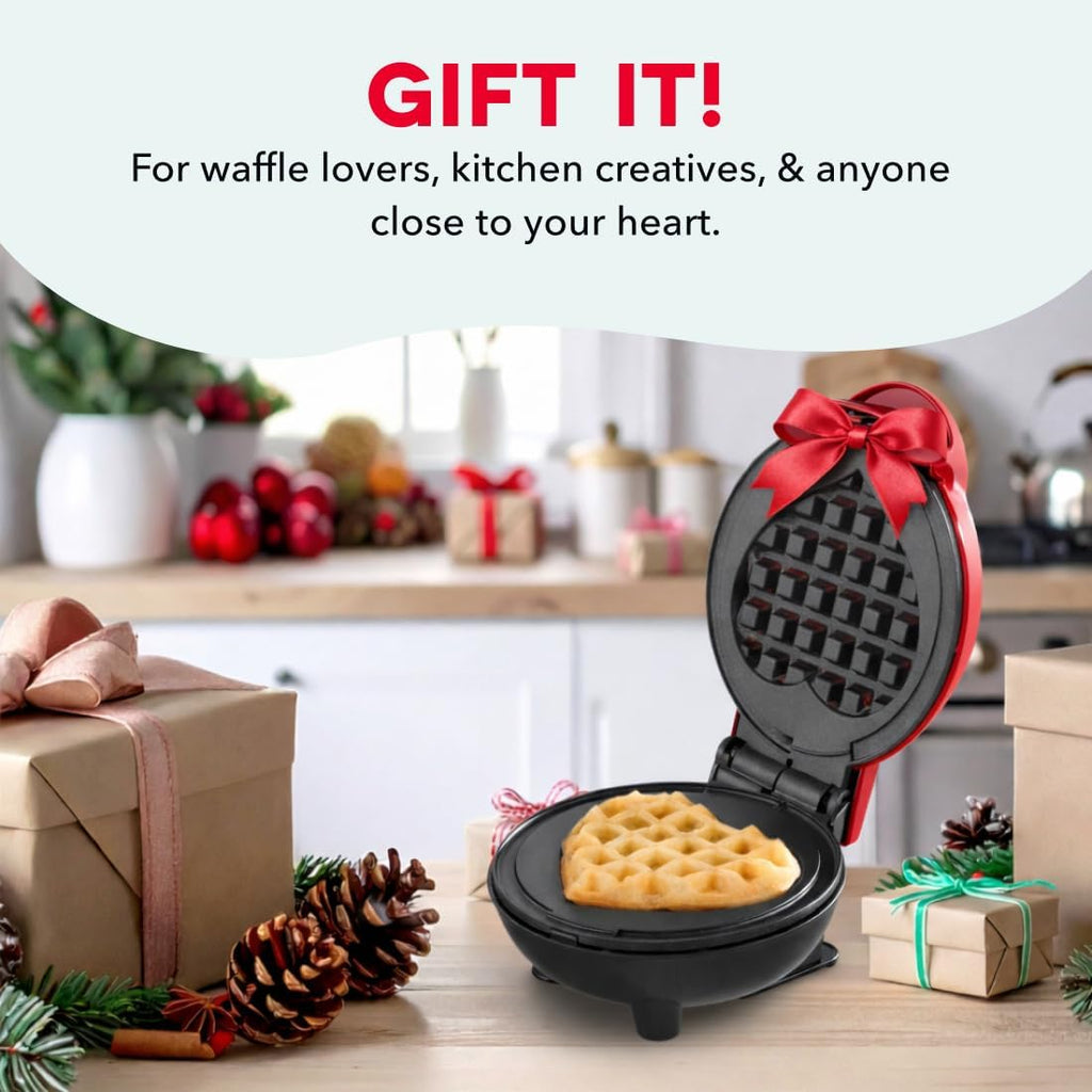 Dash Mini Waffle Maker- Mini Machine For Creative Homemade Treats - Nonstick Iron With Unique Print Design - Stylish Waffle Machine - Red Heart