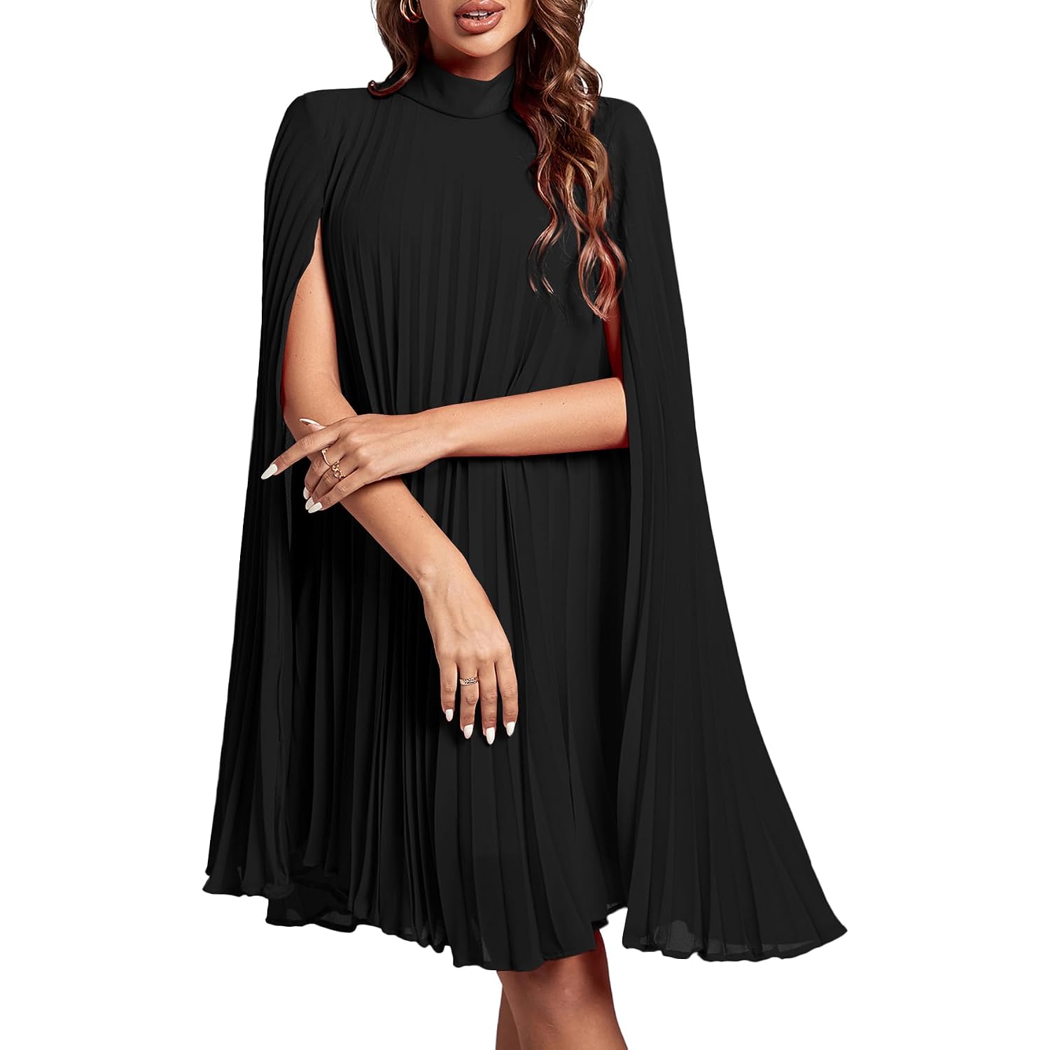 Rooscier Women'S Mock Neck Cloak Sleeve Pleated Keyhole Back Flowy Party Midi Dress