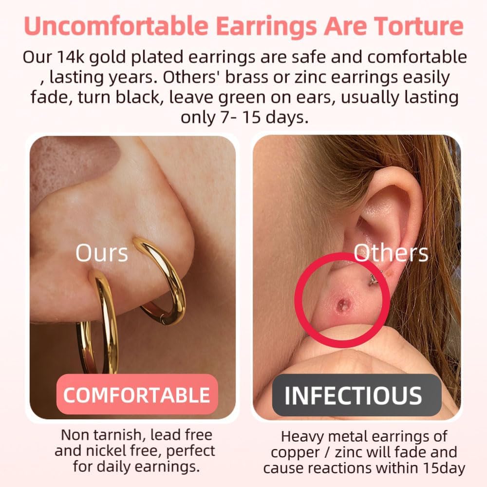 5 Pairs 14K Gold Plated Huggie Hoop Earrings for Women - Lightweight Minimalist Small Hoops, Hypoallergenic Nickel-free Lead-free, Non-Tarnish Everyday Jewelry for Sensitive Ears, Multiple Piercing Stack Set