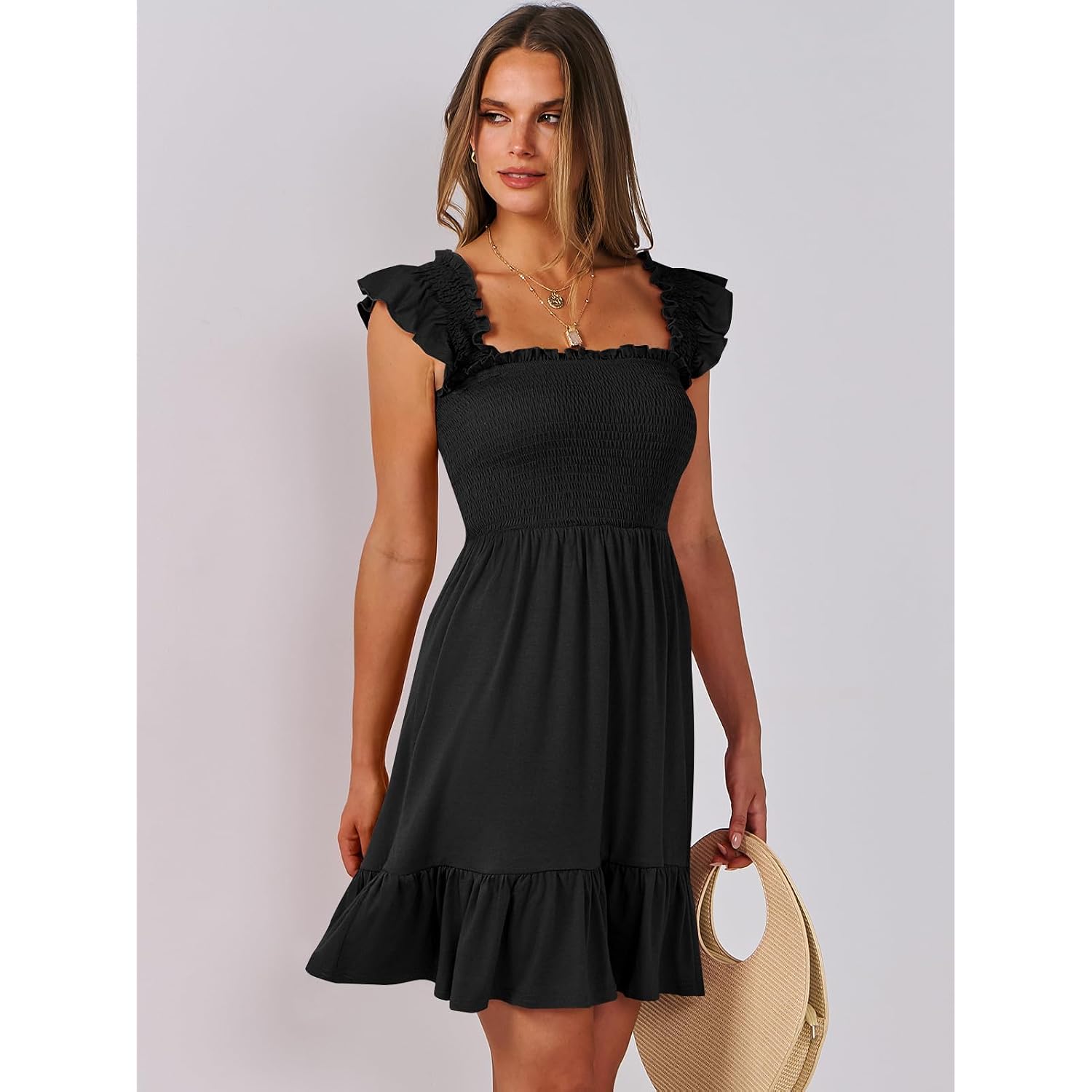 Anrabess Women'S Summer Casual Sleeveless Square Neck Dress 2026 Smocked Ruffle Backless Boho Beach Cute Teen Short Sundress